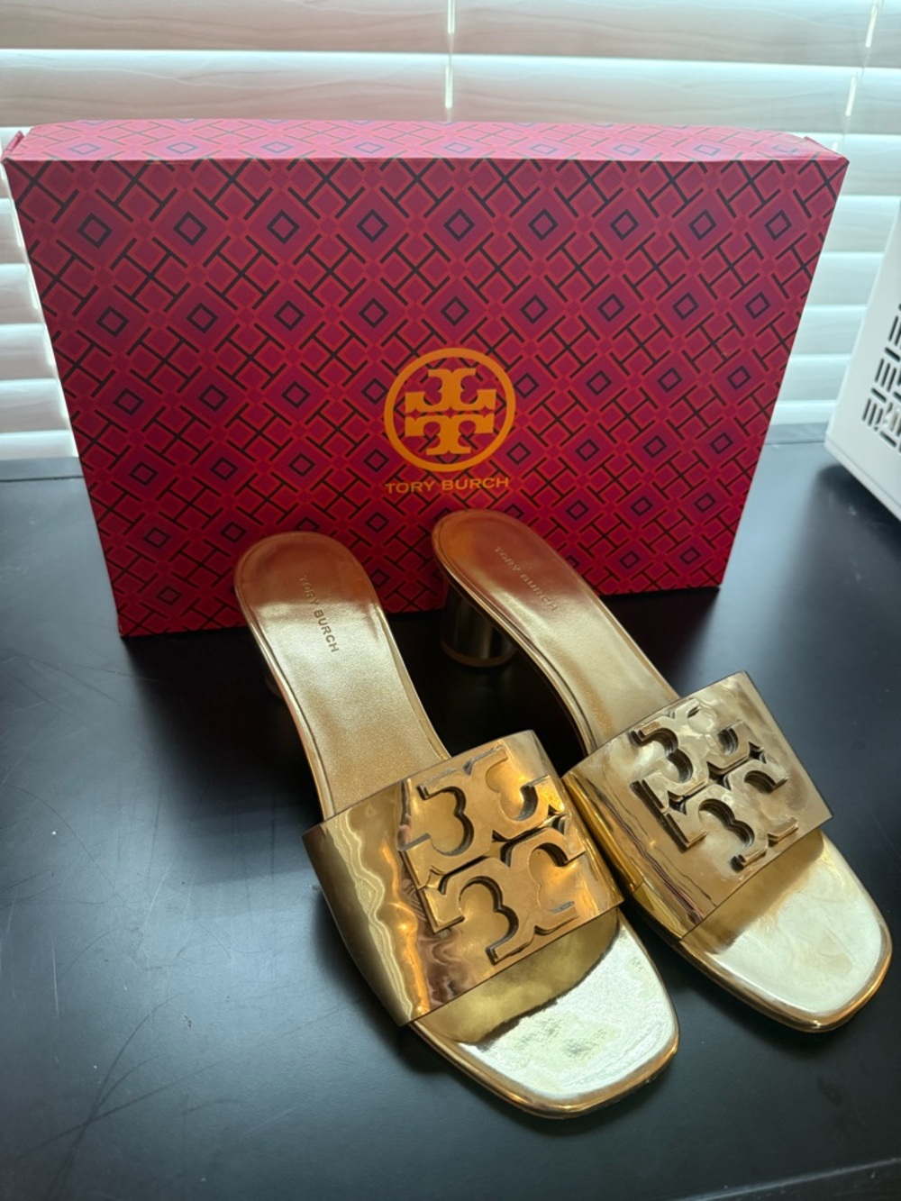Tory Burch Metallic Gold Logo Slide Heels